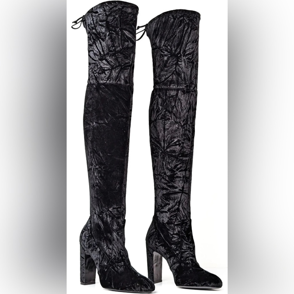 STUART WEITZMAN WOMEN VIDALAND BLACK STRETCH VELVET OTK BOOTS SIZE 6B